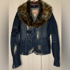 Parasuco Denim Jacket Factory Distressed Removable Faux Fur Collar Embroidery